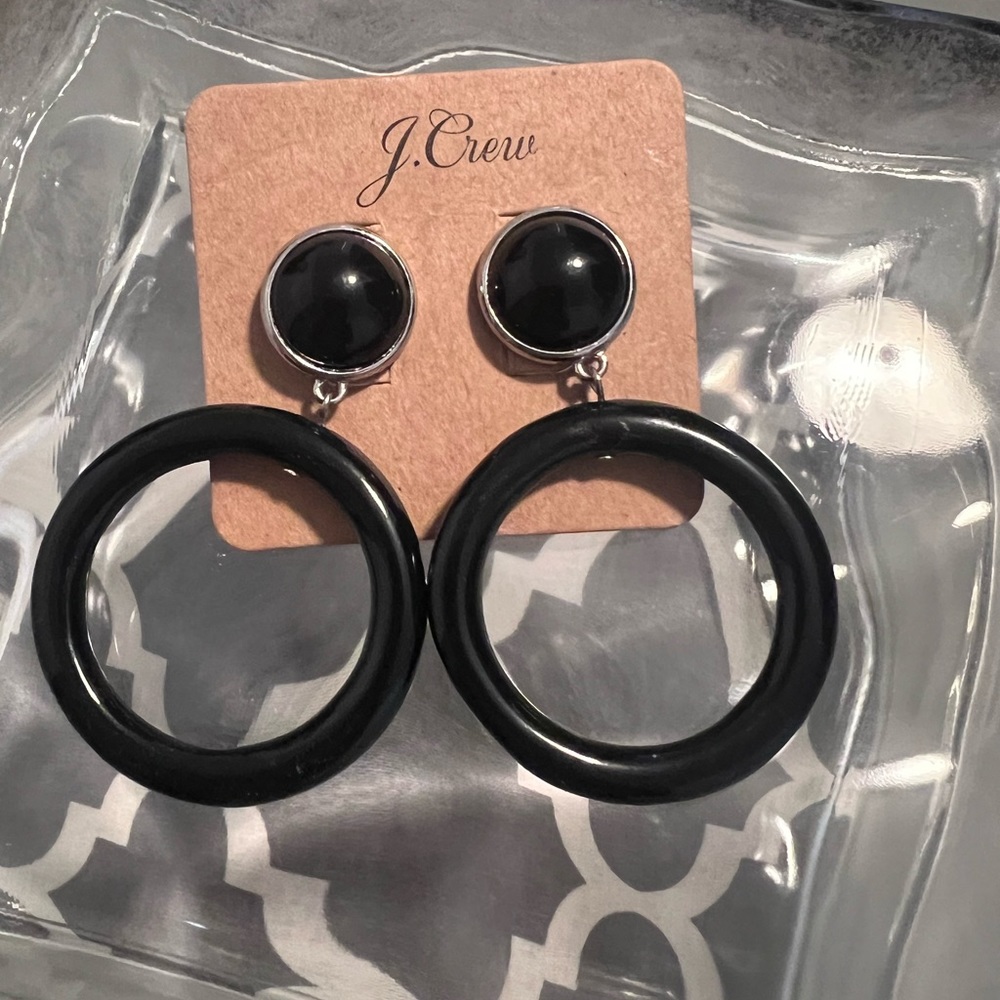 J Crew NWT Black Plastic W/Silver Trim Hoop Pierced Earrings